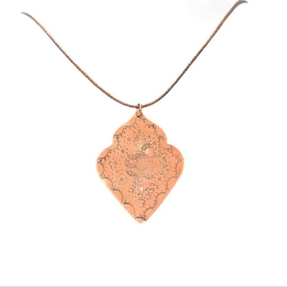 Handmade‎ stamped mandala copper boho charm adjustable brown leather necklace